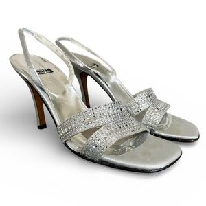 Vintage Y2K Stuart Weitzman Silver Rhinestone Heels Slingback Wedding Prom Glam